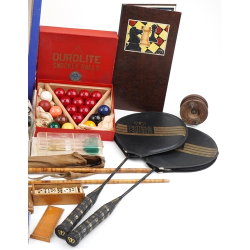 2356 - Vintage toys and sporting equipment including table tennis set, badminton set, snooker balls, darts,... 