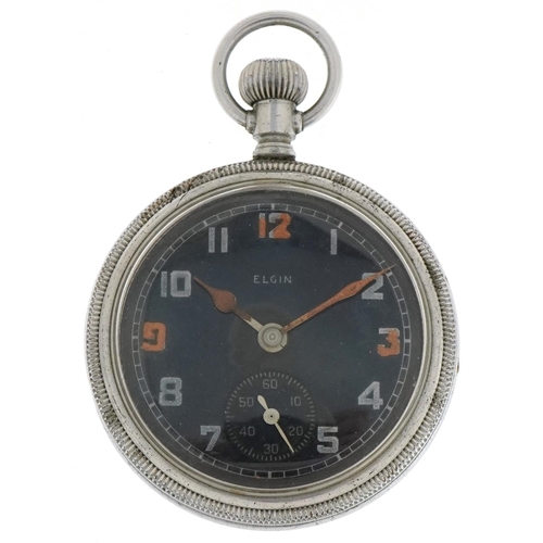 2537 - Elgin, British military open face pocket watch having subsidiary dial with Arabic numerals, the case... 