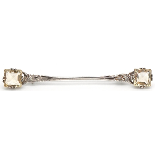 3402 - Naturalistic sterling silver citrine bar brooch, 8.5cm wide, 6.5g