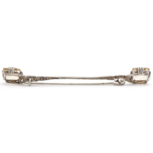 3402 - Naturalistic sterling silver citrine bar brooch, 8.5cm wide, 6.5g