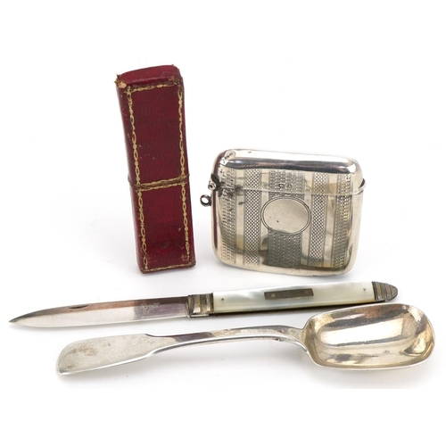 1243 - Georgian and later silver items comprising caddy spoon, engine turned vesta and mother of pearl fold... 