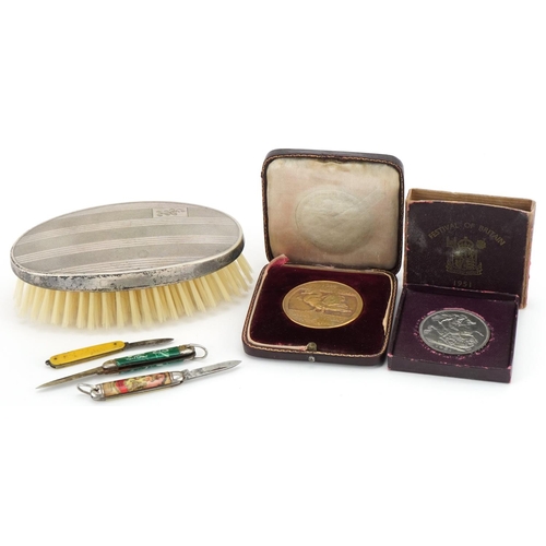 2279 - Objects including silver backed clothes brush, vintage folding fruit knives and a bronze 1924 Cobbet... 