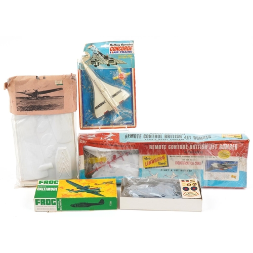 2381 - Vintage model aircraft including battery operated Concorde, the Lindberg Line remote controlled Brit... 