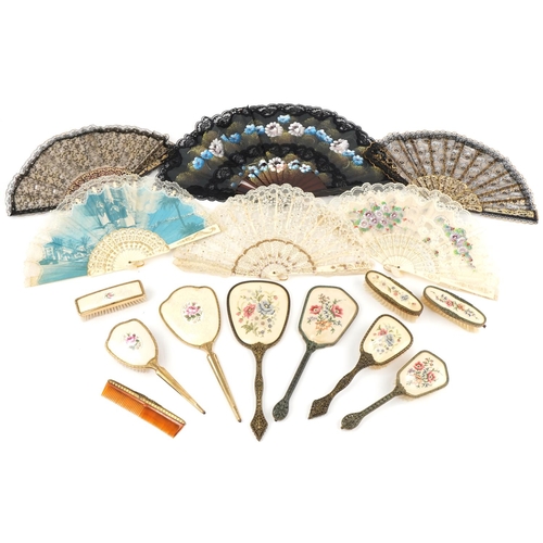 2219 - Vintage ladies vanity dressing table objects and lace fans