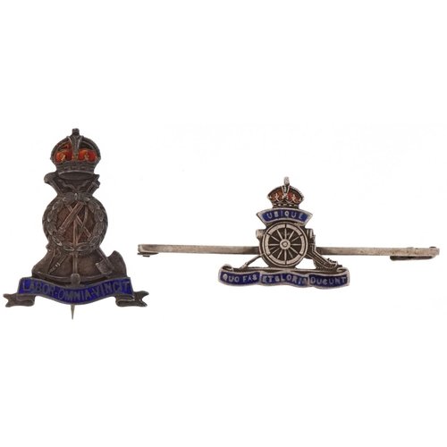 2539 - Military interest silver and enamel Artillery badge and one other, the largest 5.5cm in diameter