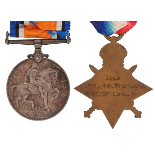 2525 - British military World War I medals awarded to L.CPL. H.SUTHERLAND .3-CO.OF LOND.Y