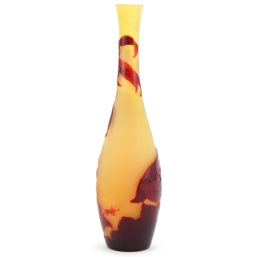 517 - Gallé overlay glass vase decorated with flowers, signature Gallé to side, 28cm high