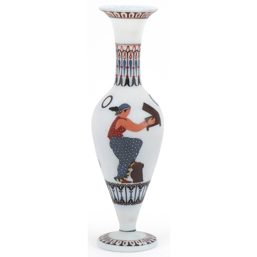 1281 - White opalescent glass vase hand painted with a Grecian scene, 26cm high