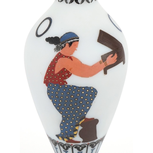 1281 - White opalescent glass vase hand painted with a Grecian scene, 26cm high