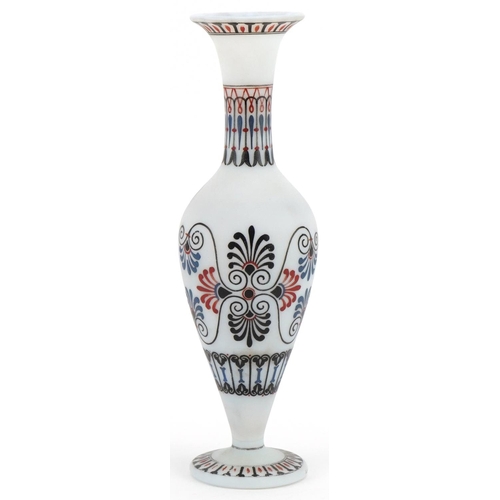 1281 - White opalescent glass vase hand painted with a Grecian scene, 26cm high