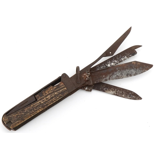 1220 - Victorian jack knife with corkscrew and saw, 16cm in length