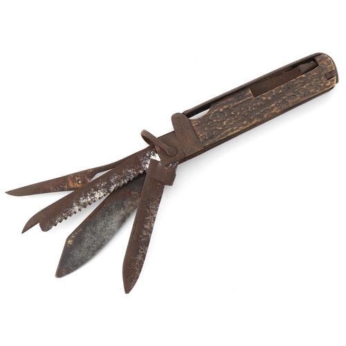 1220 - Victorian jack knife with corkscrew and saw, 16cm in length