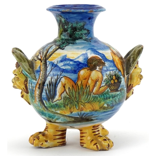 1252 - Cantagalli pottery vase hand painted with a figure beside a lake with castles,  mounted on lion paw ... 