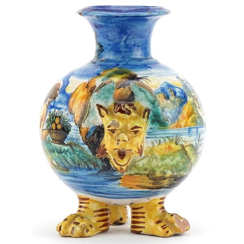 1252 - Cantagalli pottery vase hand painted with a figure beside a lake with castles,  mounted on lion paw ... 