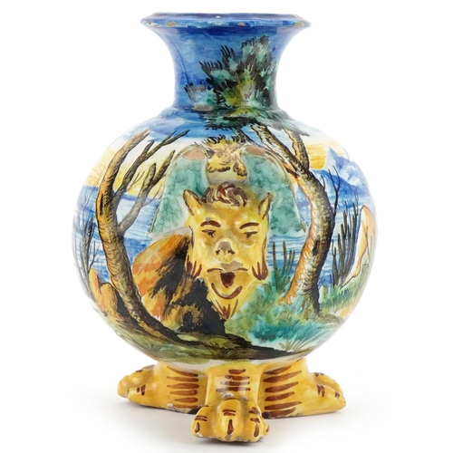 1252 - Cantagalli pottery vase hand painted with a figure beside a lake with castles,  mounted on lion paw ... 