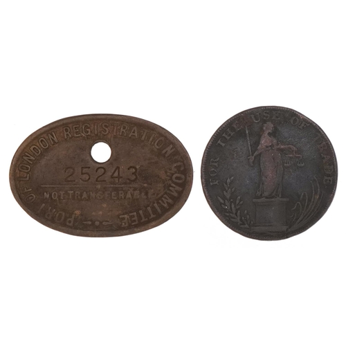 2511 - Bungay trade token dated 1795 together with a Port of London Registration Committee token numbered 2... 