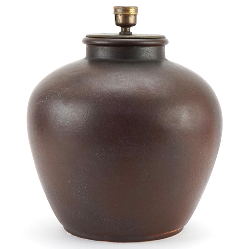 392 - Vera Huggins for Royal Doulton bulbous pottery table lamp with a brown matte glaze signature, number... 