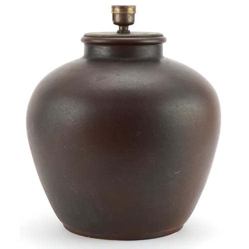 392 - Vera Huggins for Royal Doulton bulbous pottery table lamp with a brown matte glaze signature, number... 