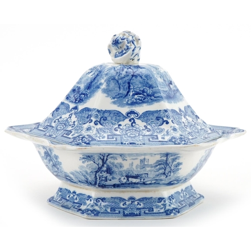 1161 - 19th century blue and white tureen and cover printed with cattle and sheep amongst landscape, 27cm w... 