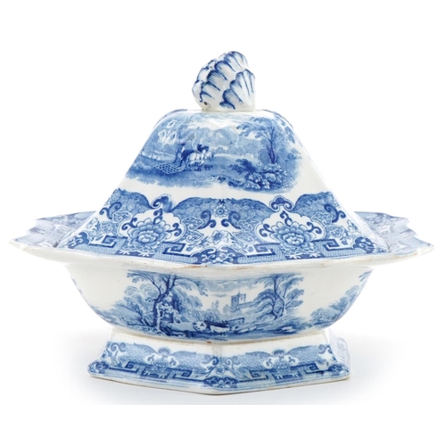 1161 - 19th century blue and white tureen and cover printed with cattle and sheep amongst landscape, 27cm w... 