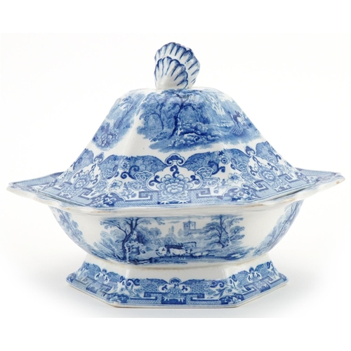 1161 - 19th century blue and white tureen and cover printed with cattle and sheep amongst landscape, 27cm w... 