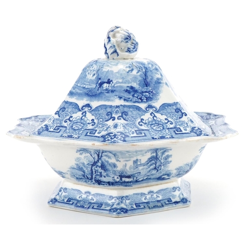 1161 - 19th century blue and white tureen and cover printed with cattle and sheep amongst landscape, 27cm w... 