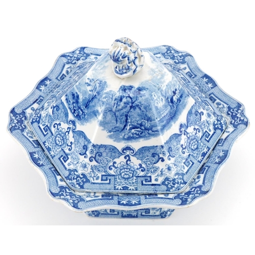 1161 - 19th century blue and white tureen and cover printed with cattle and sheep amongst landscape, 27cm w... 