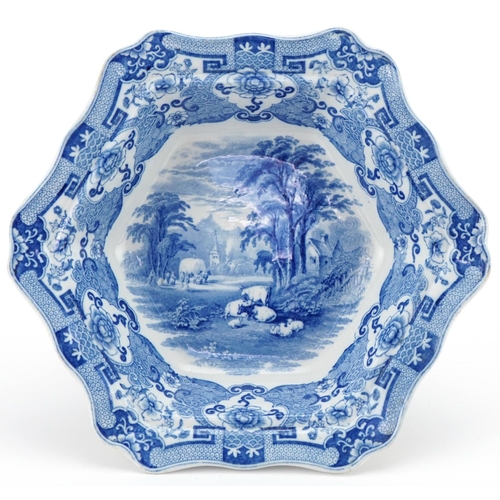 1161 - 19th century blue and white tureen and cover printed with cattle and sheep amongst landscape, 27cm w... 