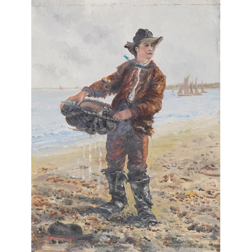 2296A - Fisherman collecting cockles on a shore, Victorian oil on card on wood panel, signed W Bemrose and d... 