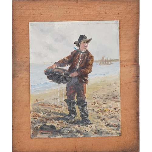 2296A - Fisherman collecting cockles on a shore, Victorian oil on card on wood panel, signed W Bemrose and d... 