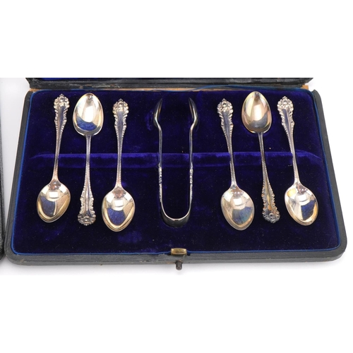 1339 - Set of six silver teaspoons with matched sugar tongs and a set of six silver handled knives and fork... 