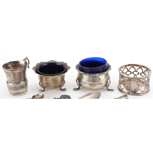 1340 - Antique and later silver including Mappin & Webb open salt with blue glass liner, teaspoons and napk... 