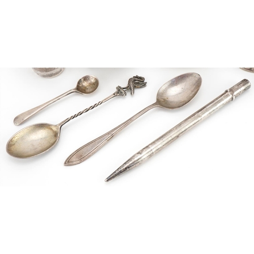 1340 - Antique and later silver including Mappin & Webb open salt with blue glass liner, teaspoons and napk... 