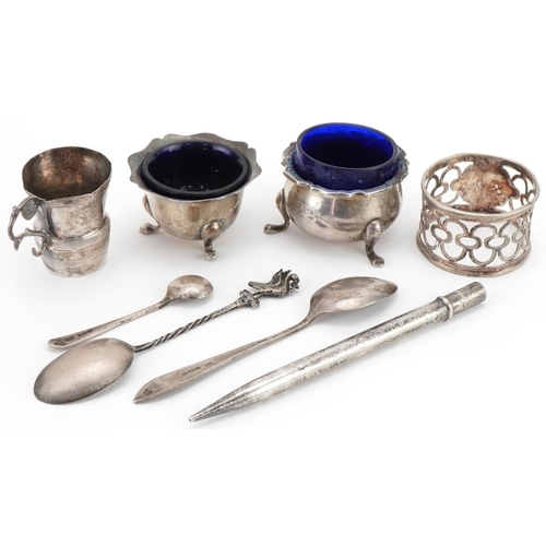 1340 - Antique and later silver including Mappin & Webb open salt with blue glass liner, teaspoons and napk... 