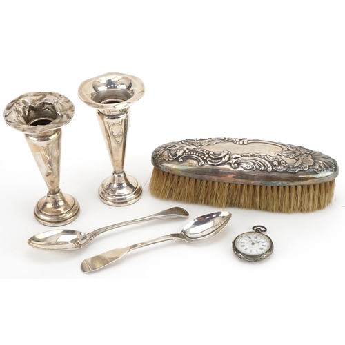 1269 - Georgian and later silver comprising teaspoons, pair of bud vases, silver backed clothes brush and l... 