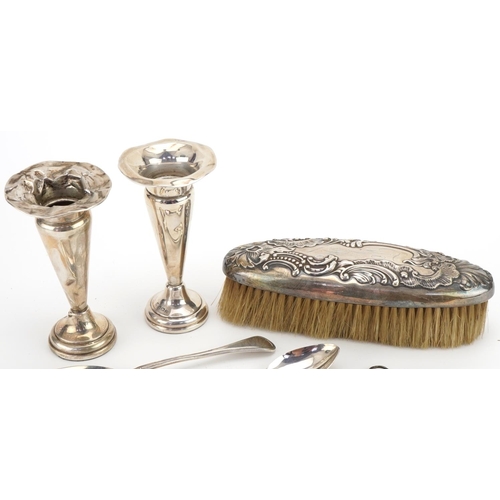 1269 - Georgian and later silver comprising teaspoons, pair of bud vases, silver backed clothes brush and l... 