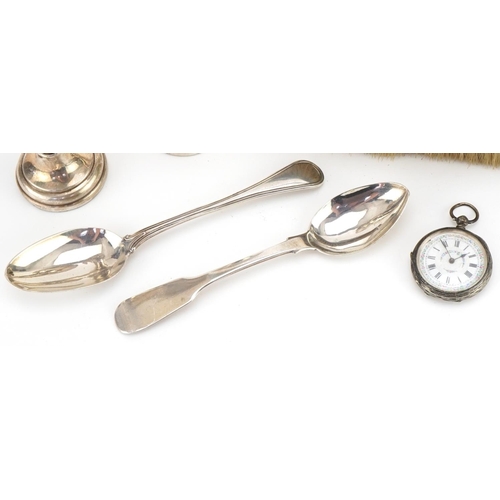 1269 - Georgian and later silver comprising teaspoons, pair of bud vases, silver backed clothes brush and l... 