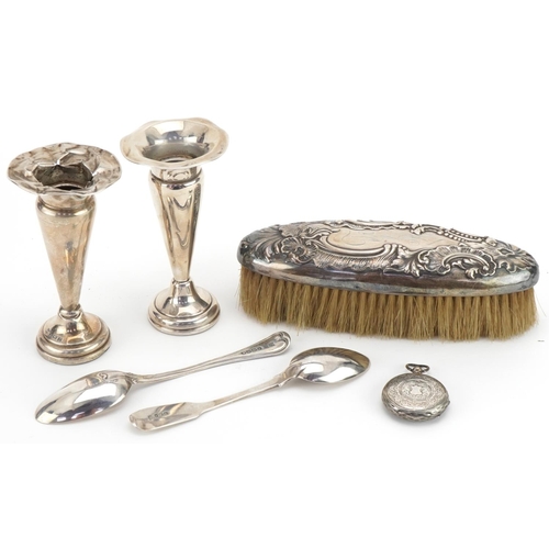 1269 - Georgian and later silver comprising teaspoons, pair of bud vases, silver backed clothes brush and l... 