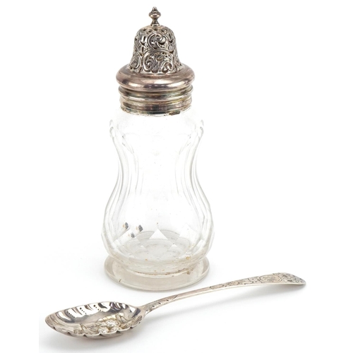 1273 - Georgian Scottish silver berry spoon and a cut glass sifter with silver lid, the largest 8.5cm in le... 