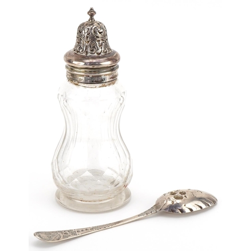 1273 - Georgian Scottish silver berry spoon and a cut glass sifter with silver lid, the largest 8.5cm in le... 