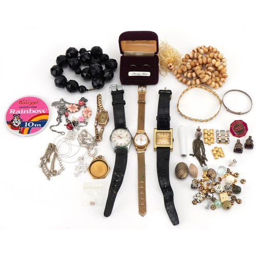 3550 - Vintage and later jewellery and wristwatches, some silver, including christening bracelet, fobs, nec... 