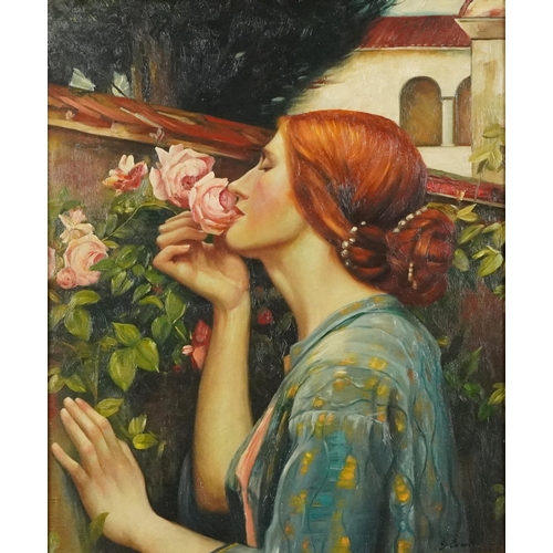 1052 - E Evans - Pre-Raphaelite maiden with roses, oil on canvas board, mounted in a gilt frame, 60cm x 50c... 