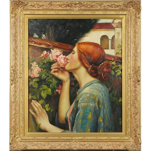 1052 - E Evans - Pre-Raphaelite maiden with roses, oil on canvas board, mounted in a gilt frame, 60cm x 50c... 