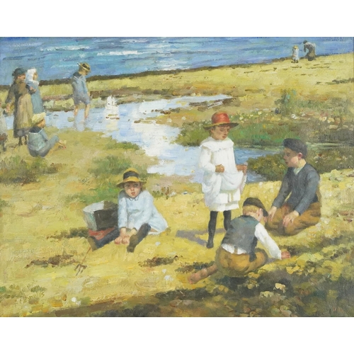 1050 - F Walas ? - Children on a beach, Newlyn school oin onto canvas,  contemporary mounted and framed, 50... 