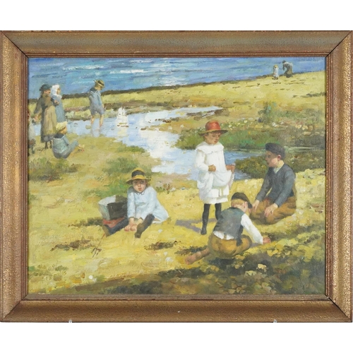 1050 - F Walas ? - Children on a beach, Newlyn school oin onto canvas,  contemporary mounted and framed, 50... 