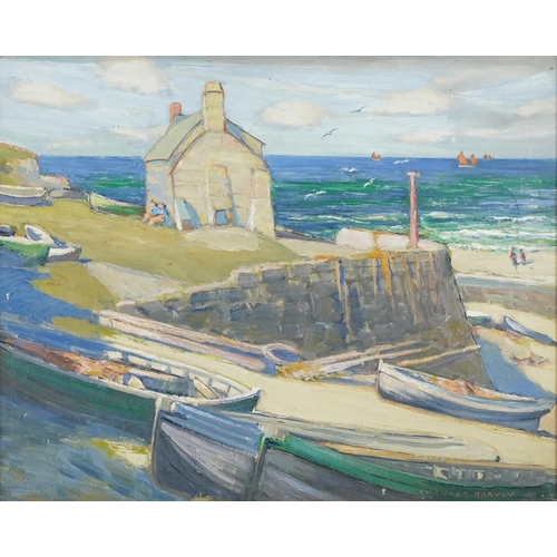 1049 - Charles Harvey 1928 - Harbour scene at Sennen, Cornwall, oil onto board, contemporary mounted and fr... 