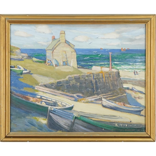 1049 - Charles Harvey 1928 - Harbour scene at Sennen, Cornwall, oil onto board, contemporary mounted and fr... 