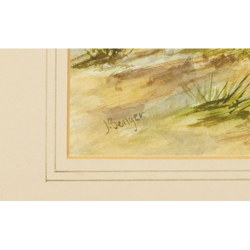 1054 - John Benger - Greylag Geese in a coastal landscape, watercolour, mounted, framed and glazed, 44cm x ... 