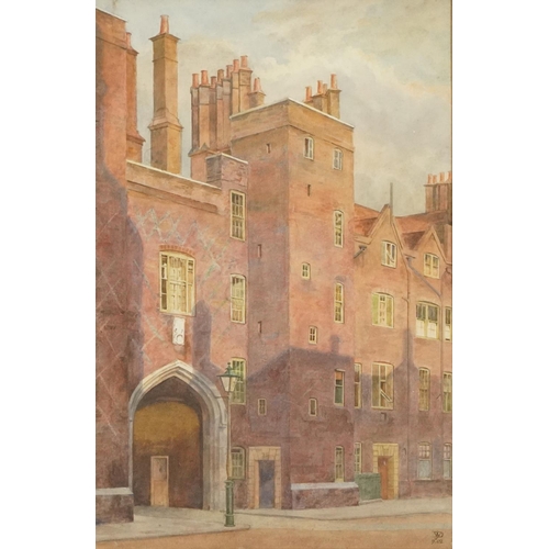 1370 - J W D 1902 - College gate entrance, watercolour, paper labels to the reverse contemporary mounted an... 