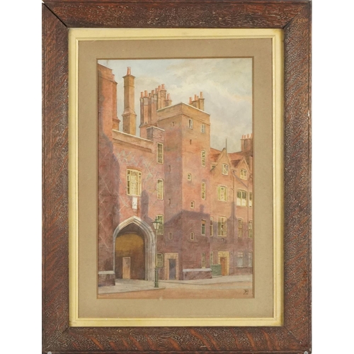 1370 - J W D 1902 - College gate entrance, watercolour, paper labels to the reverse contemporary mounted an... 